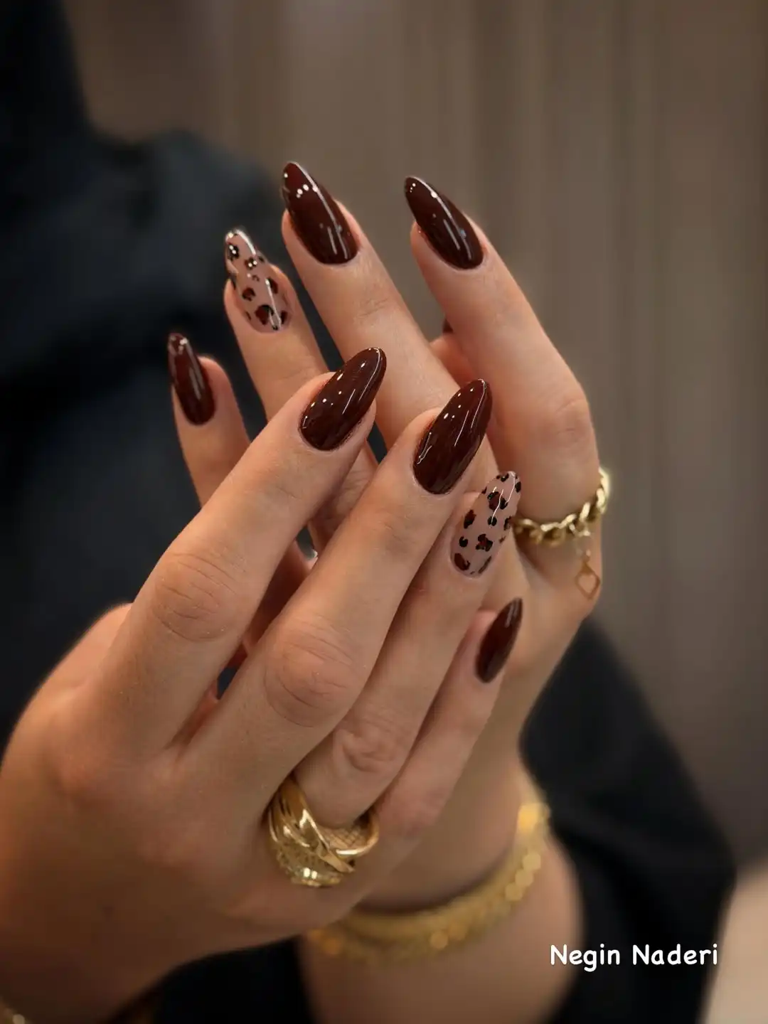 Deep brown with spotted nude accents