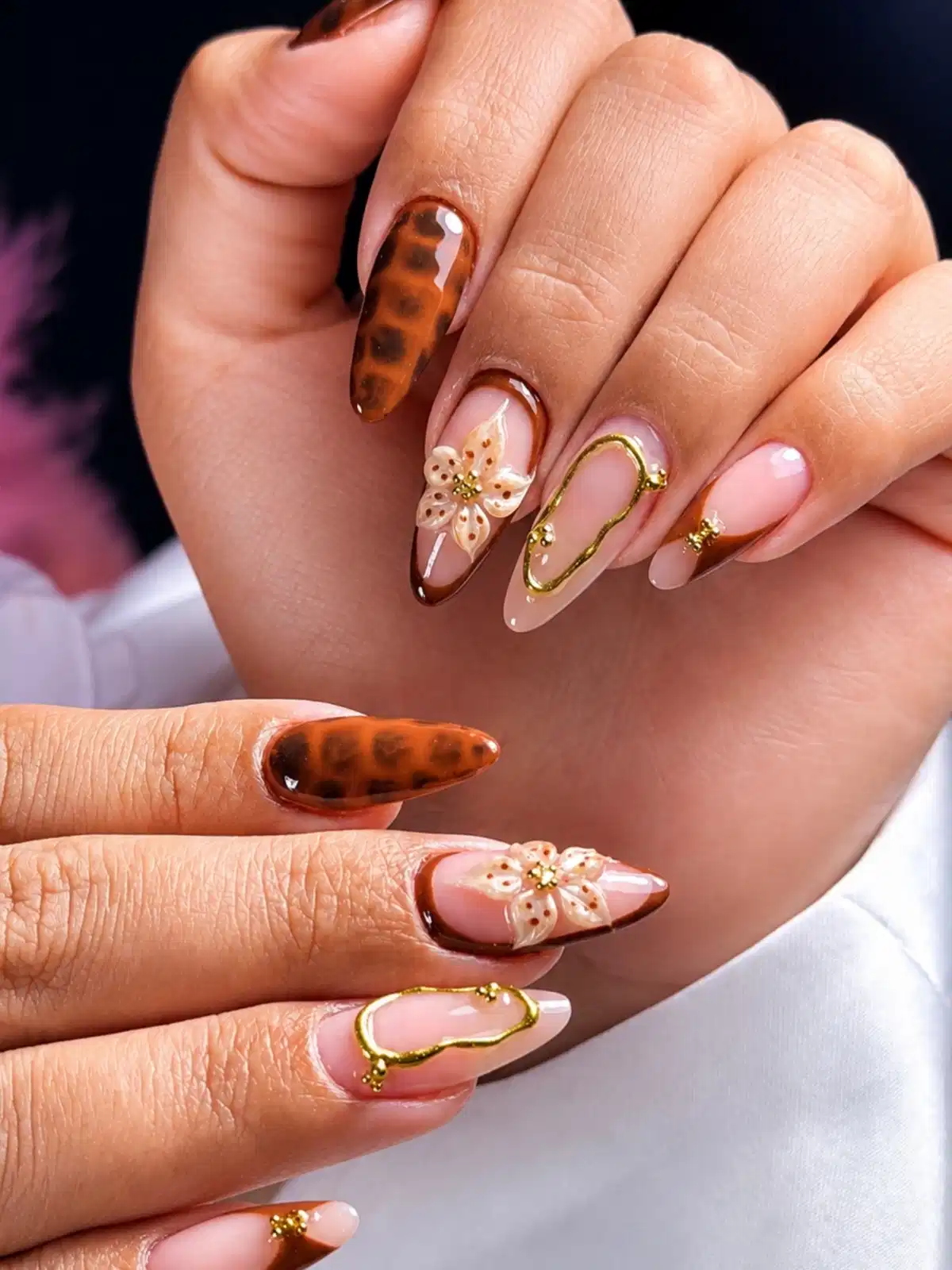 Nude Base with Pattern Pop, Gold Outlines, and 3D Flowers