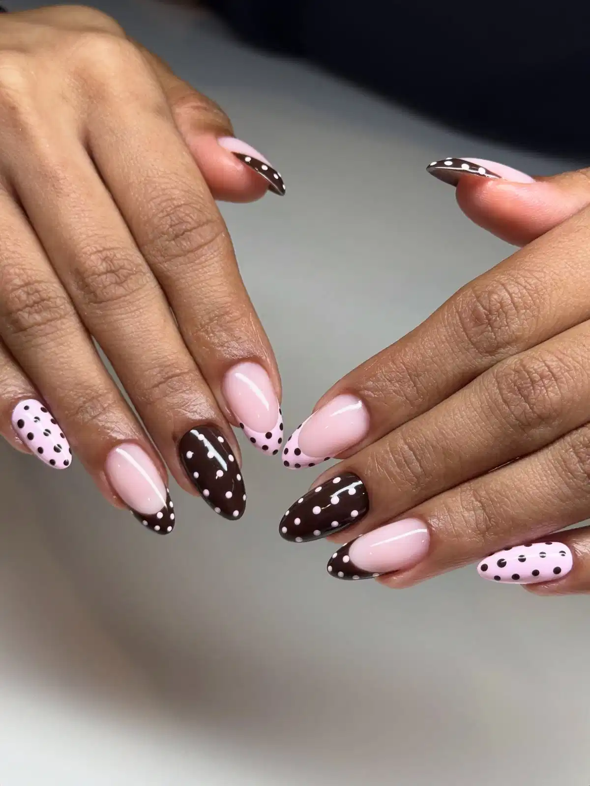 Light Pink Base with Brown French Tips and Mixed Polka Dots