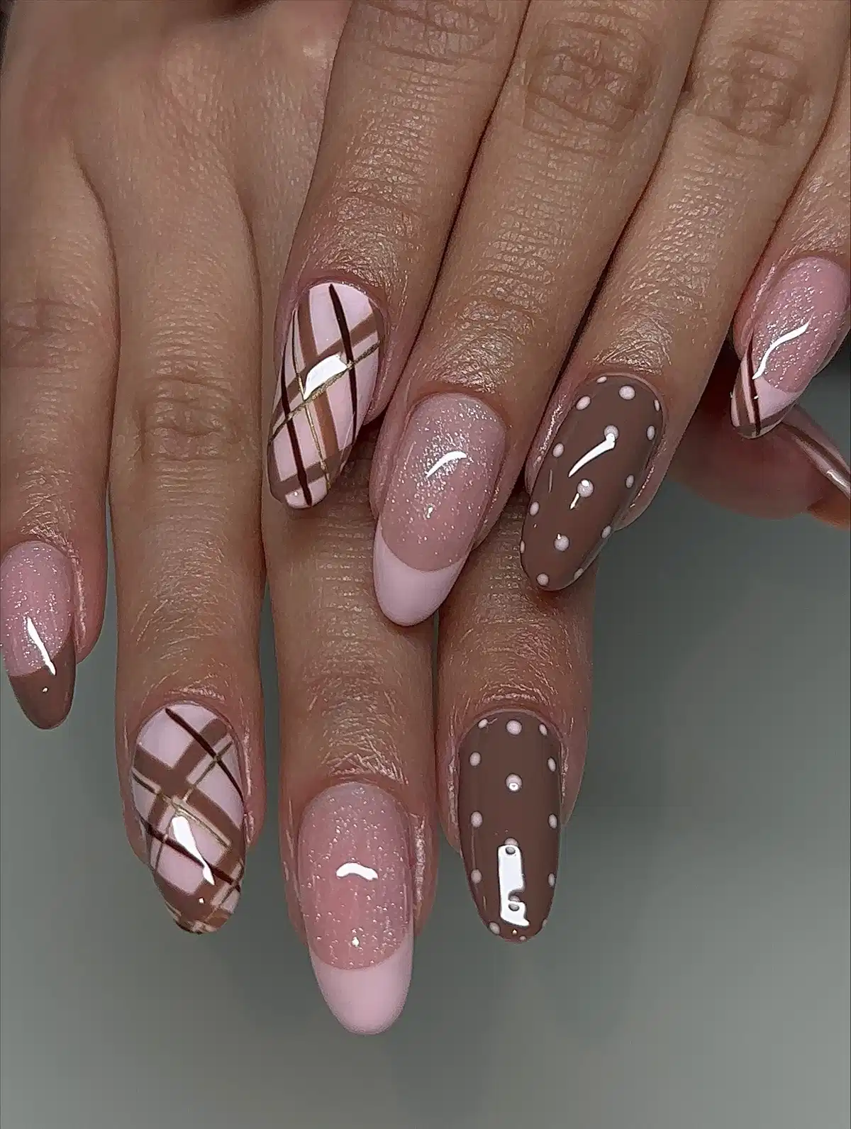 Plaid, French Tips, Glitter, and Polka Dots in Pink and Brown