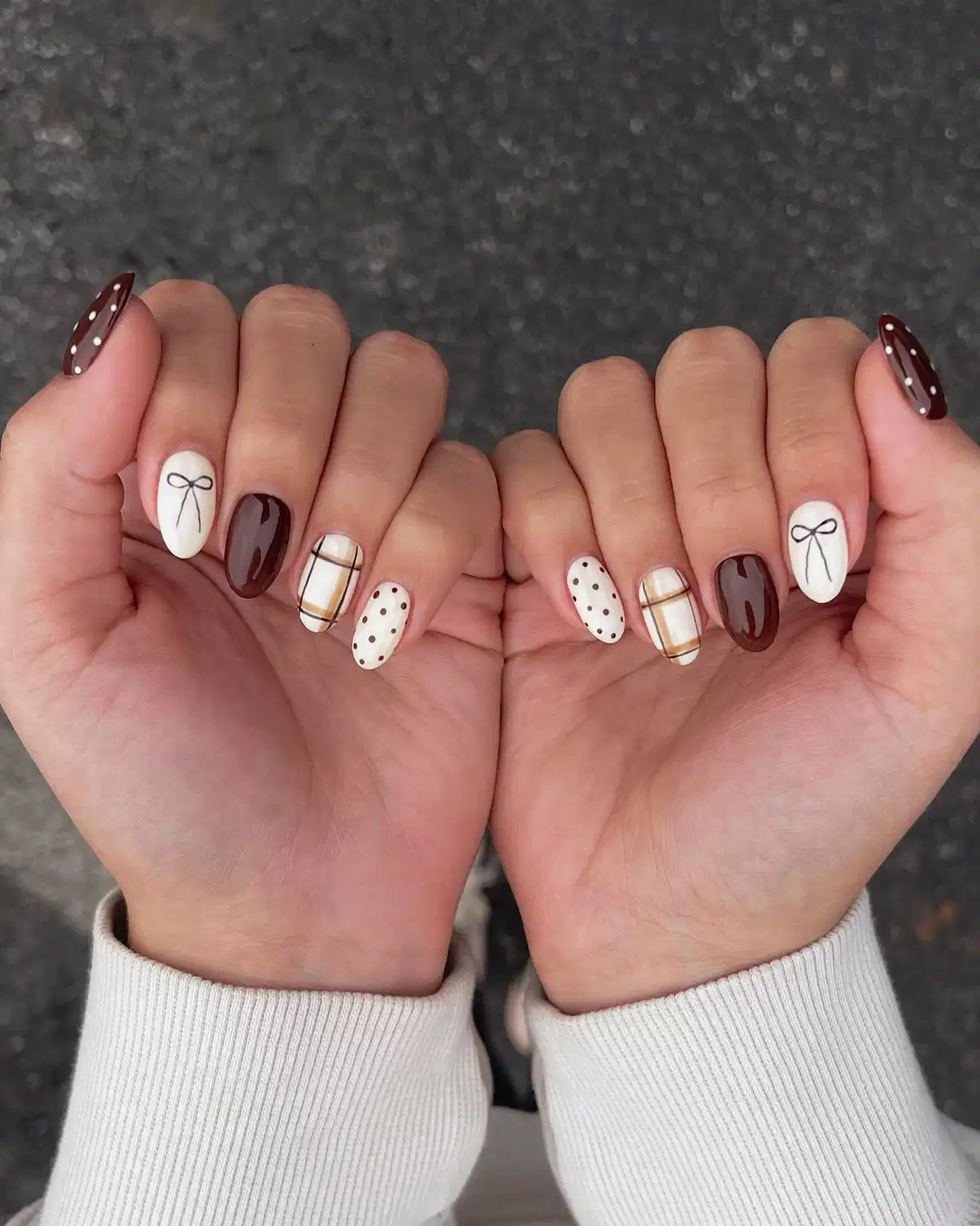 Deep brown and white set with bows, plaid, and polka dots