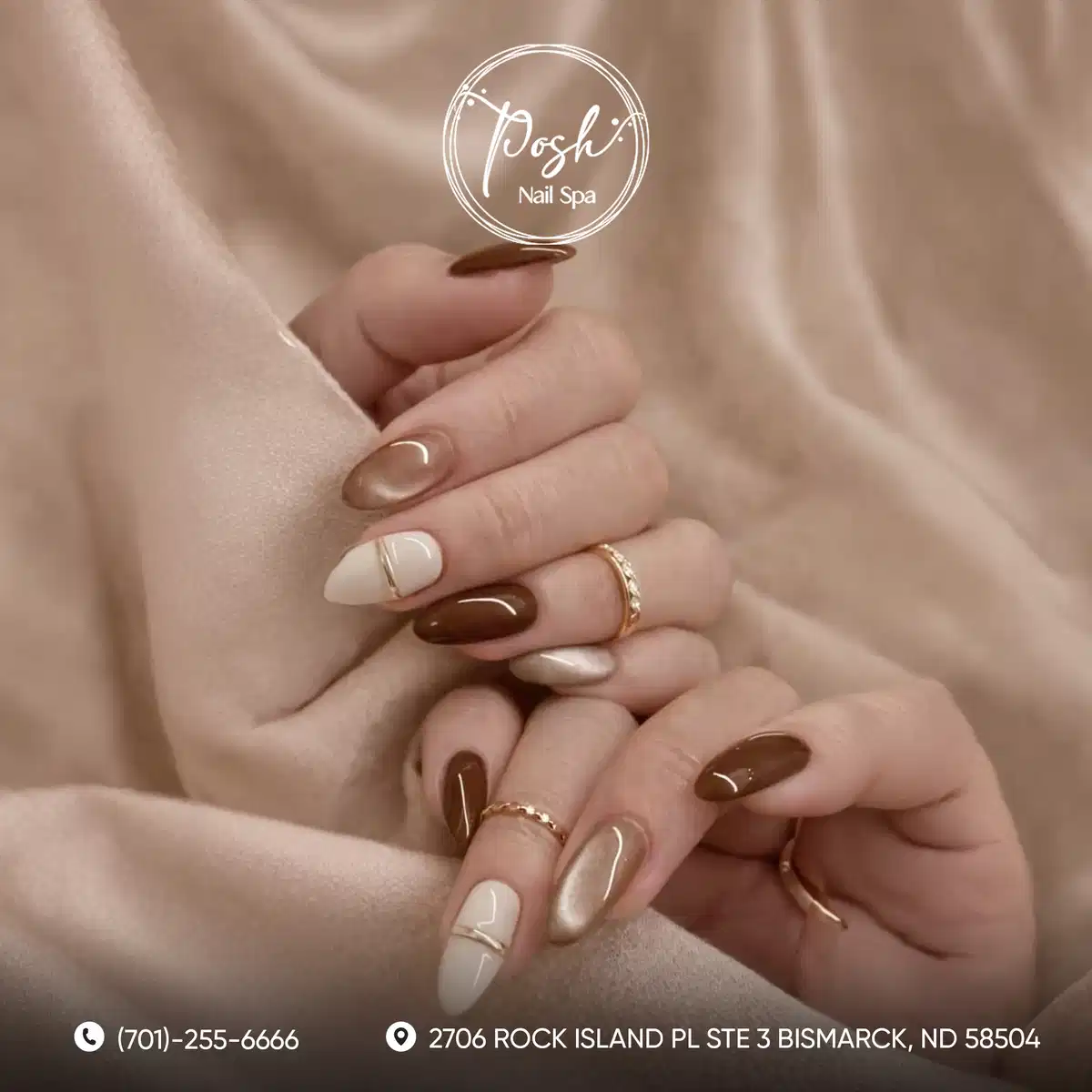 Brown, white, and metallic champagne nails with thin gold line accents