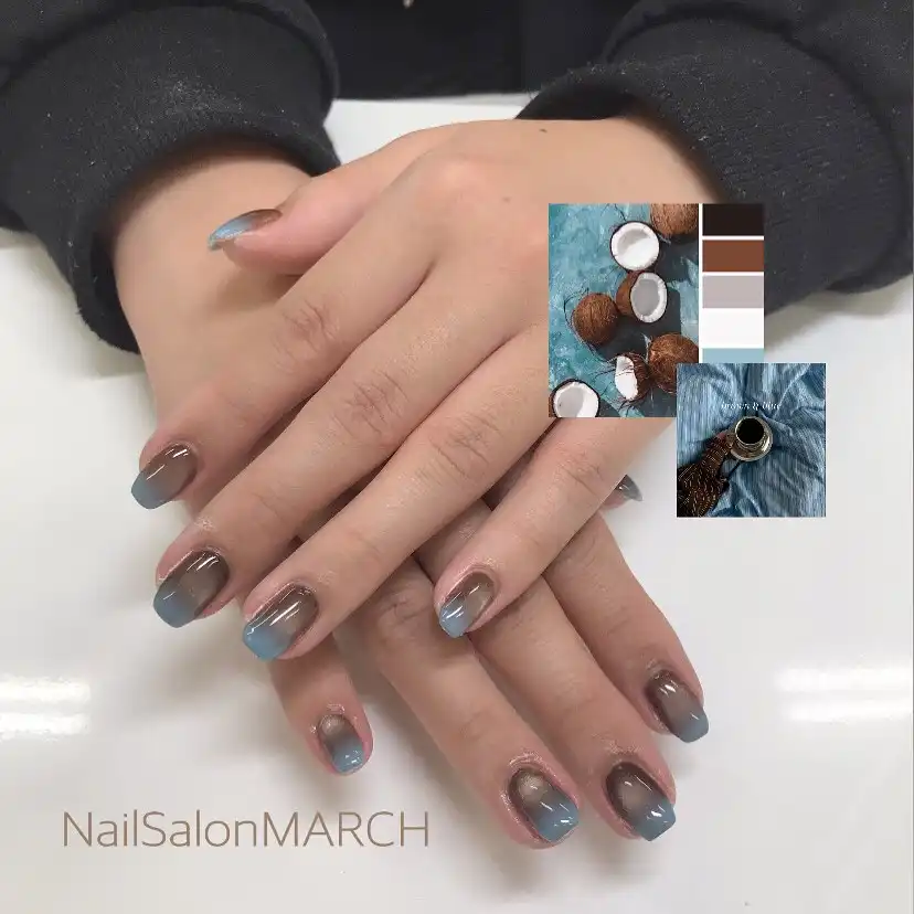 Brown-to-blue-gray ombre on short nails