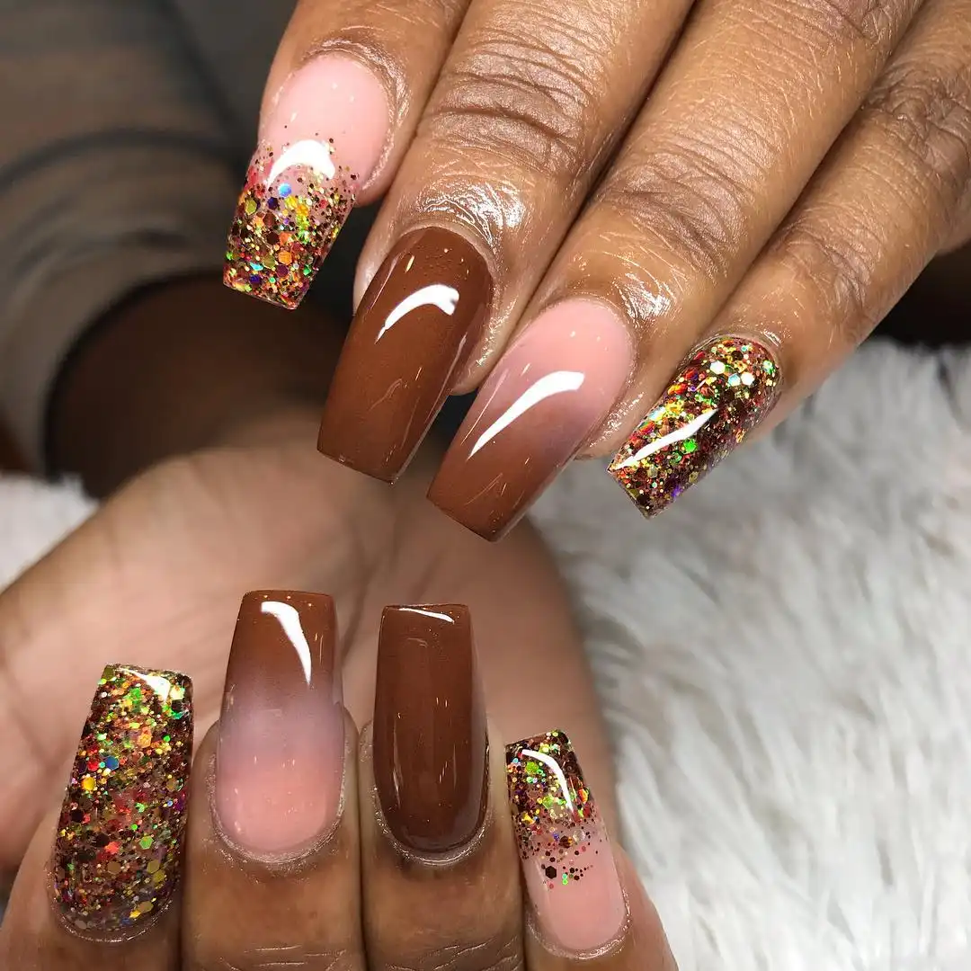 Brown ombre with multicolor glitter tips