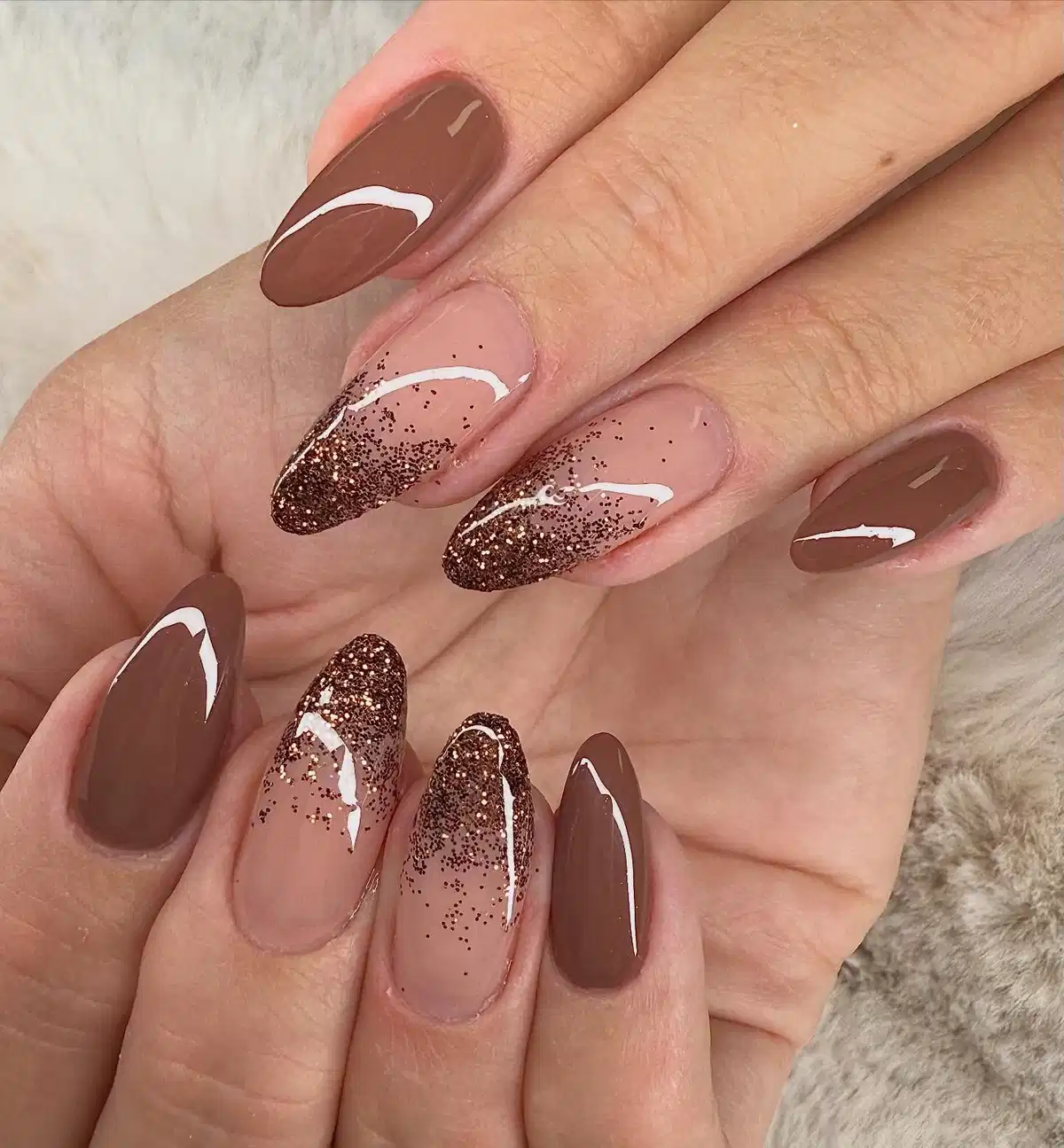 Brown solids with glitter-gradient tips on nude base