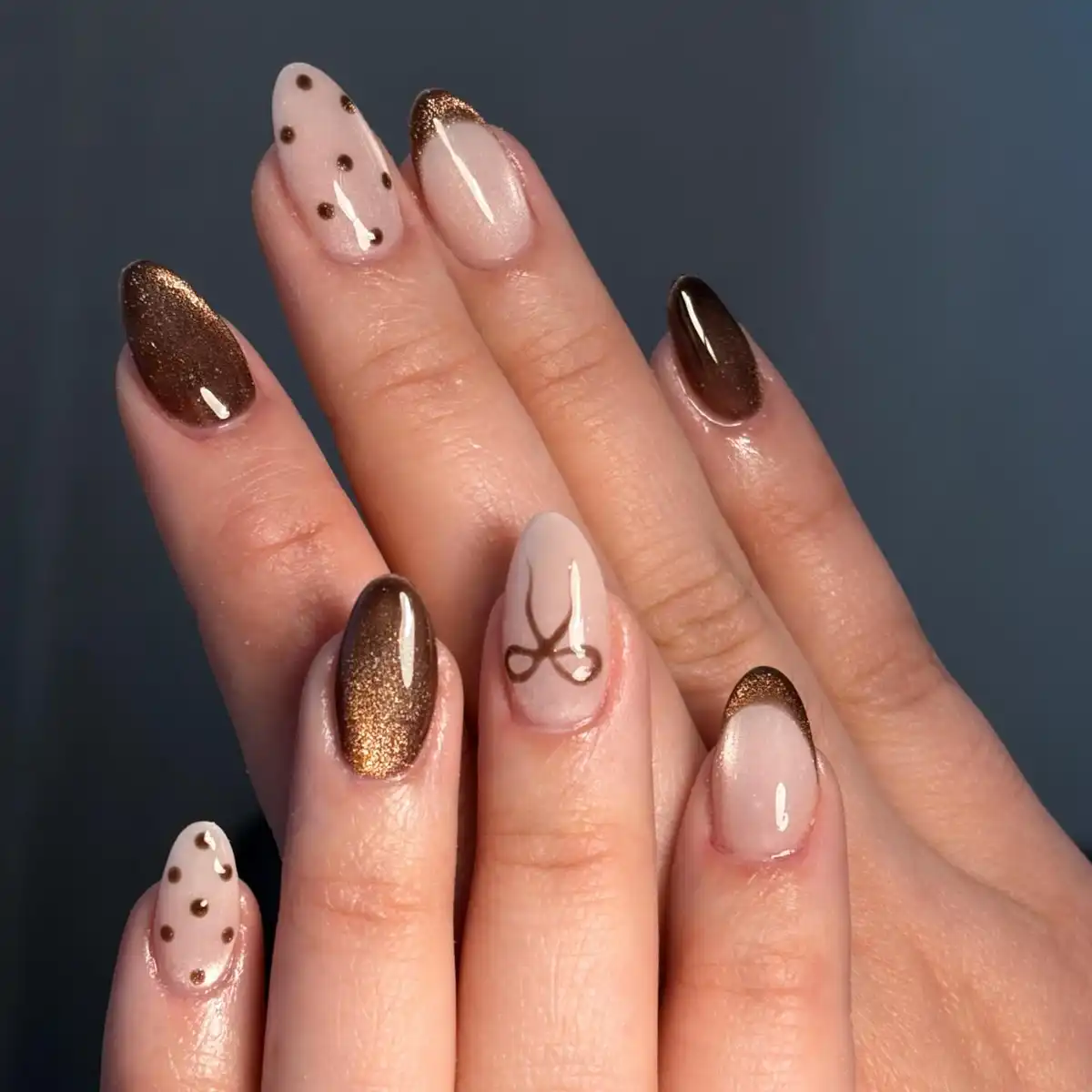 Brown French tips with dots and bow line art