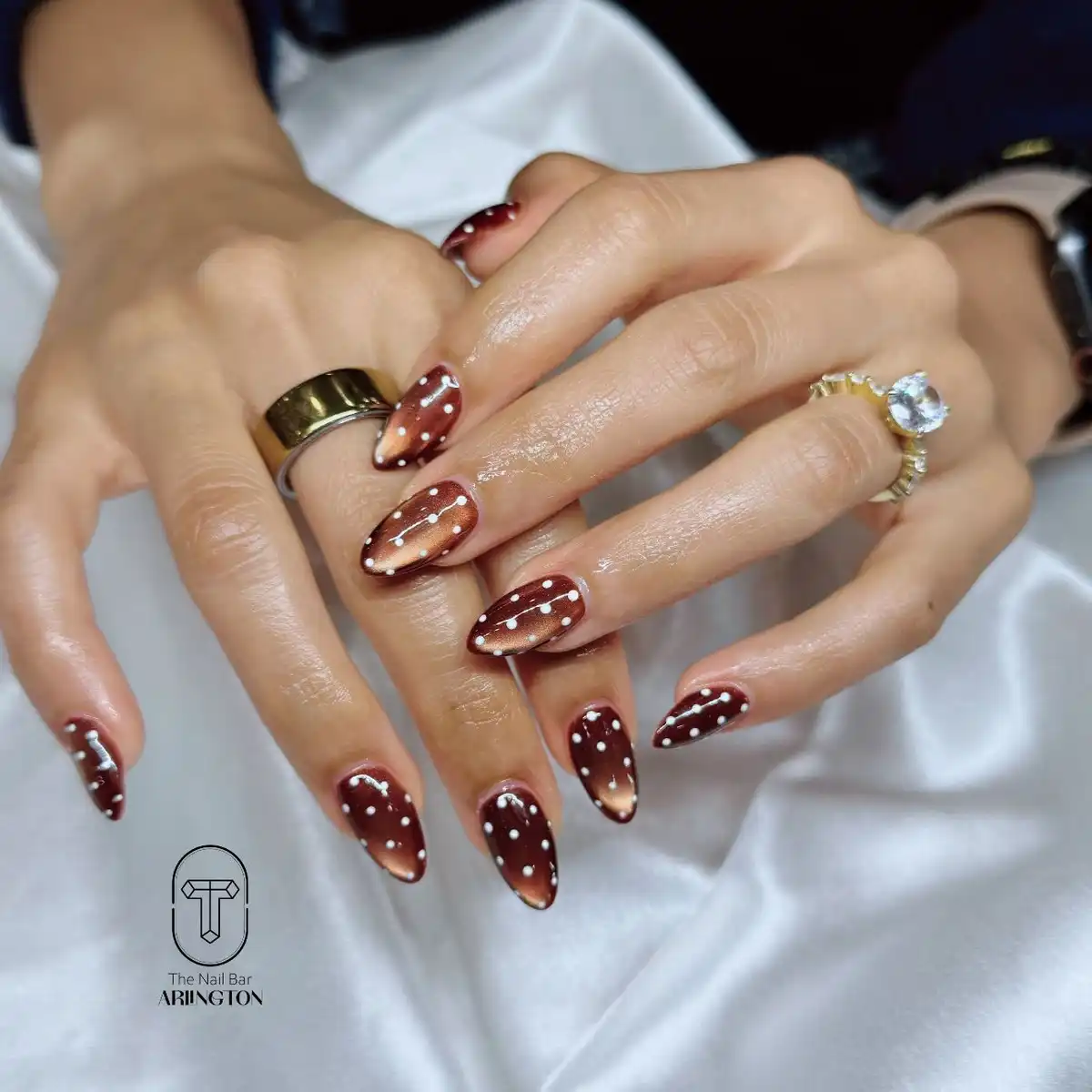 Glossy brown ombré with white polka dots