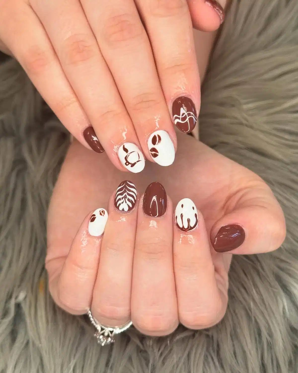 Brown and White Mix with Graphic Line Art and Leaf Pattern