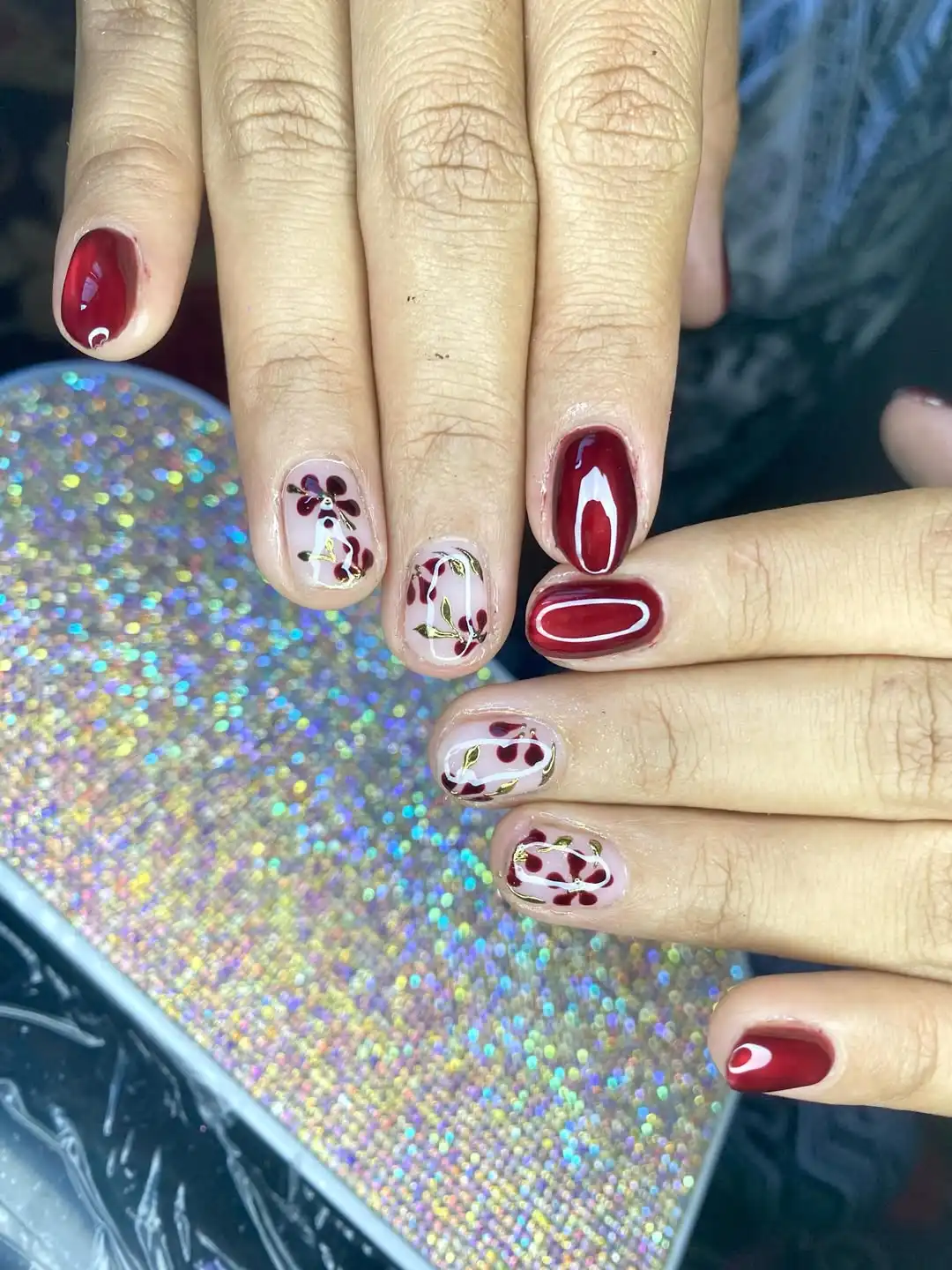 Maroon and nude florals with fine gold line accents