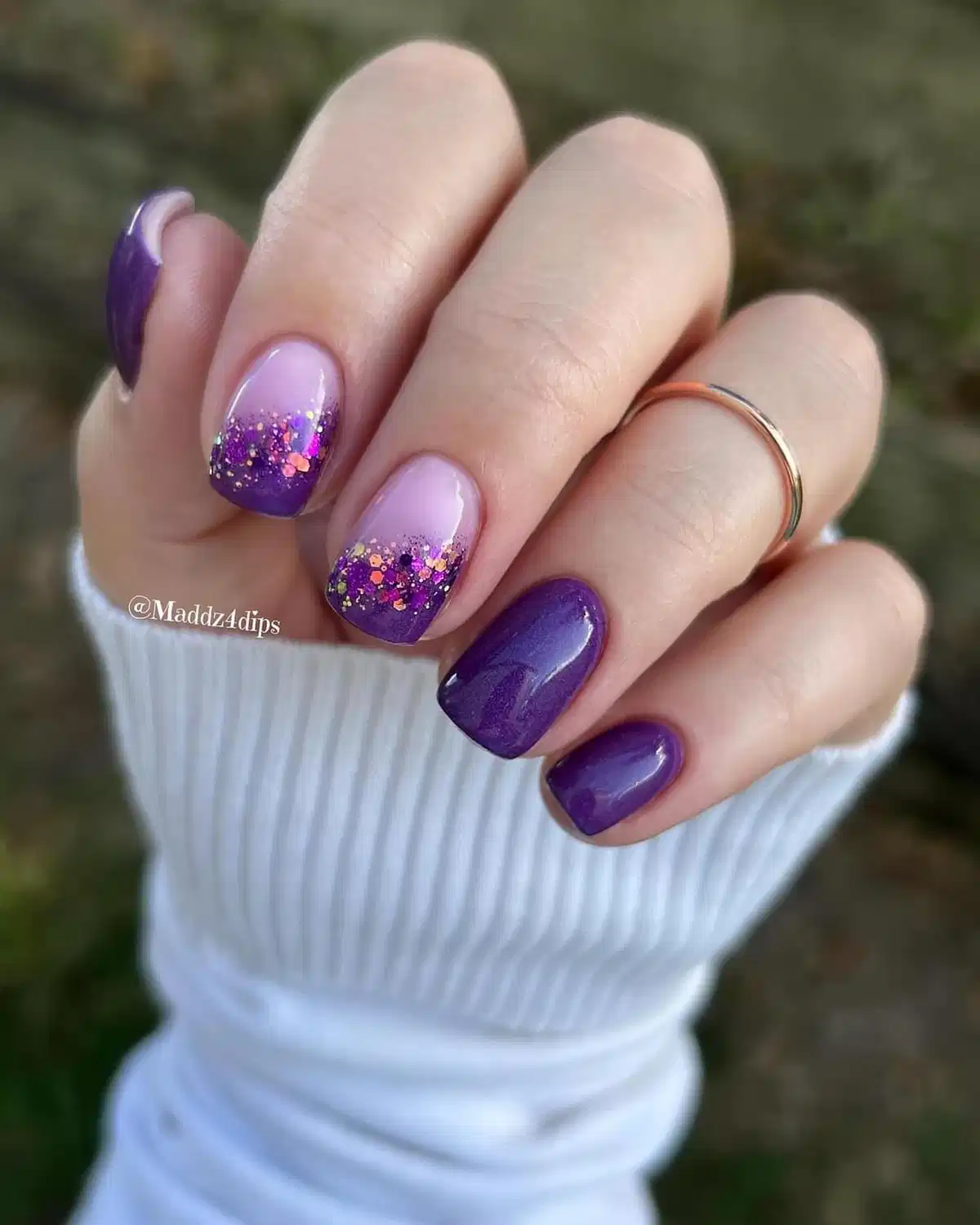 Purple solids with pink-to-purple glitter gradient tips