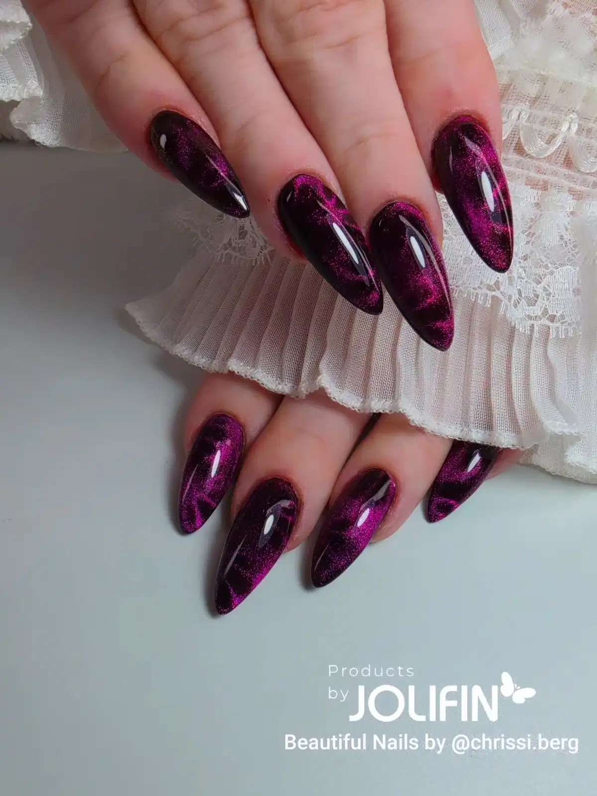 Black Base with Magenta Shimmer Swirls on Long Stilettos