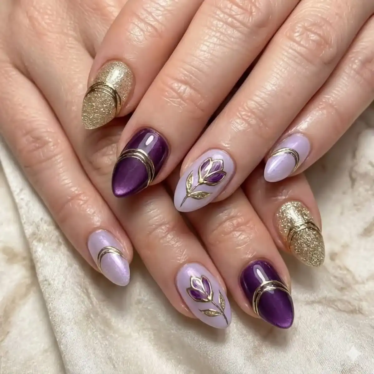 Purple and lavender florals with gold glitter and band-like accents