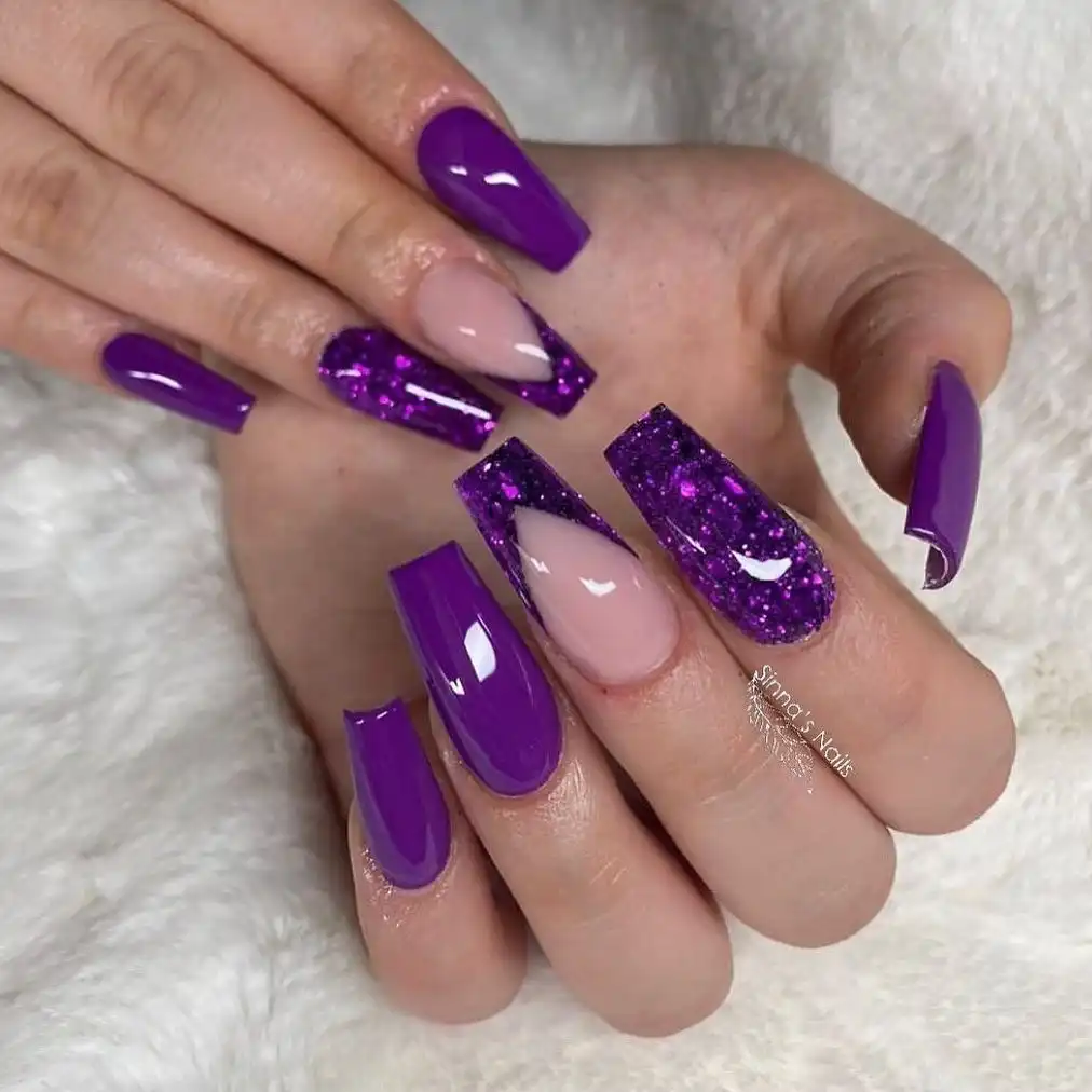 Glossy purple squares with glitter and nude negative-space accents