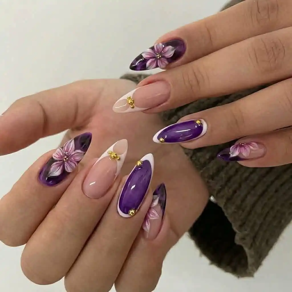 Nude and Purple Almond Nails with Raised Floral and Gold Bead Accents