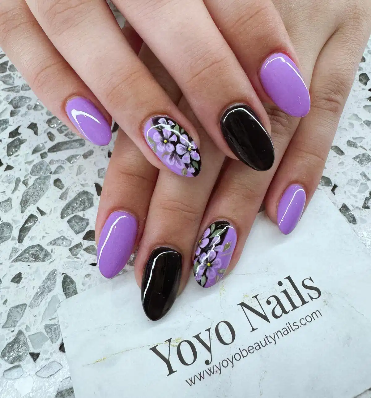 Lavender and black mix with painted floral accents