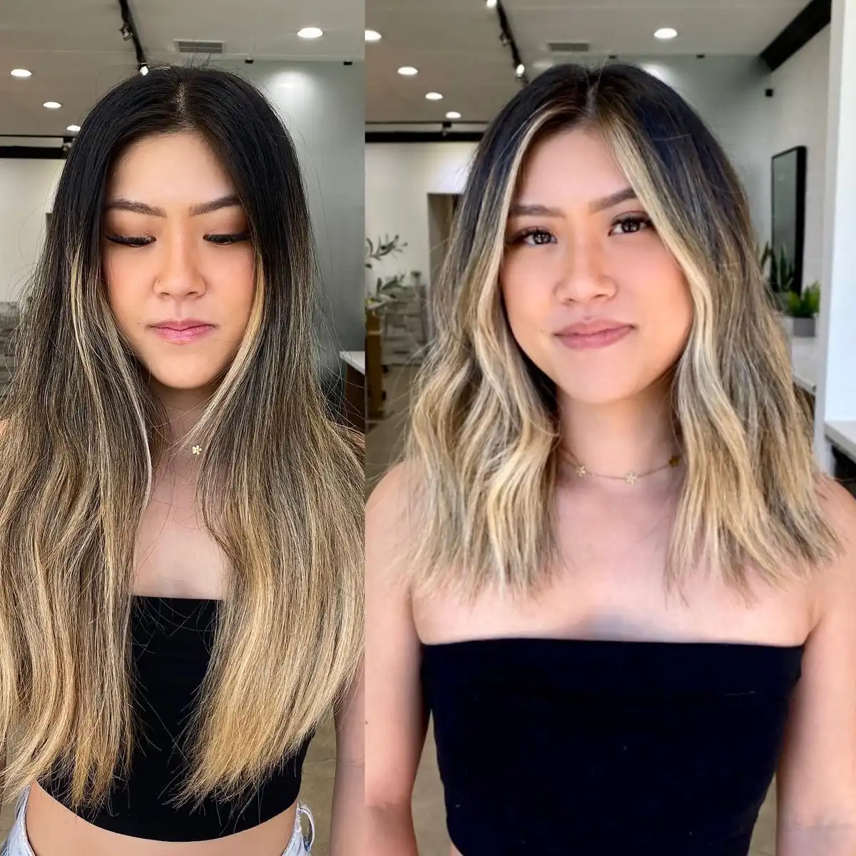 Before-and-after: long straight to shorter wavy blonde blend