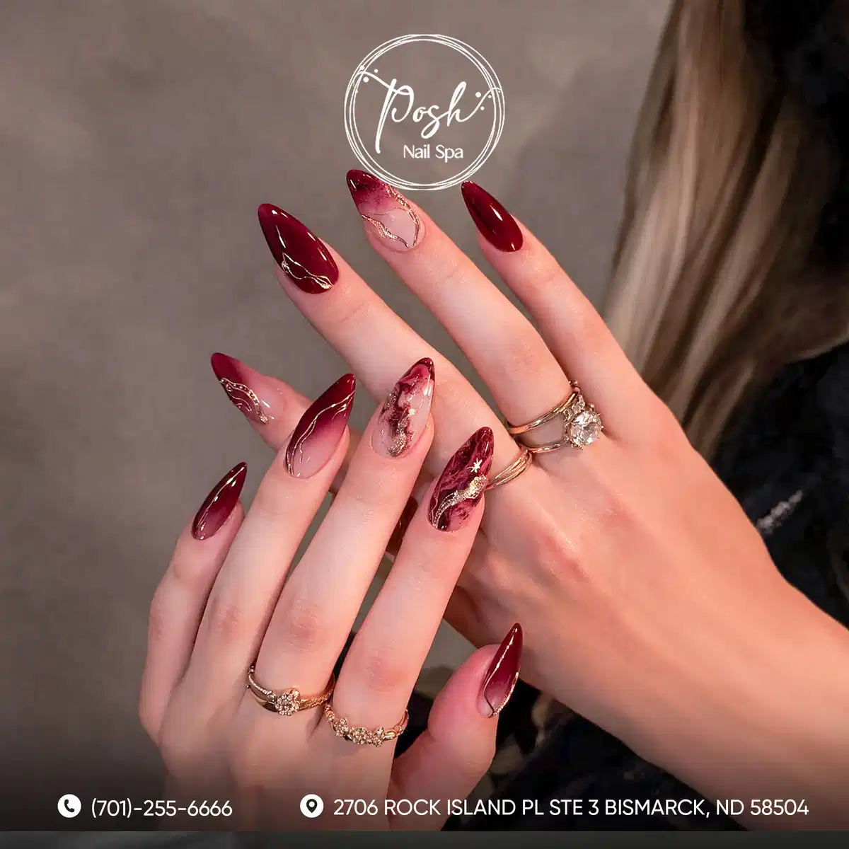 Maroon gradient nails with fine gold line accents