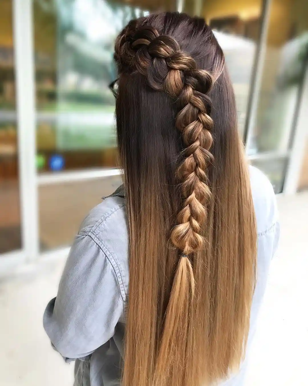 Diagonal braid on long straight ombré hair
