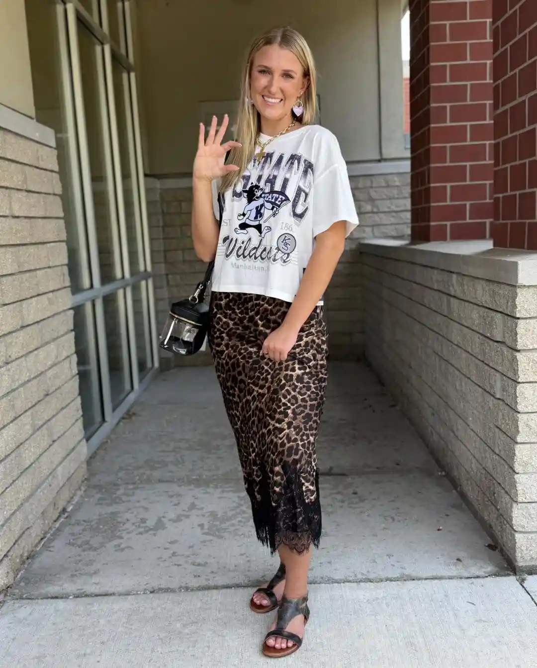 Graphic tee with leopard midi skirt and lace hem