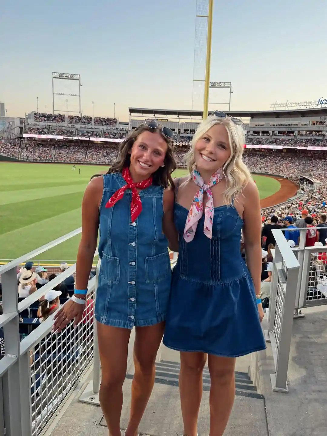 Denim mini dresses with neck scarves and sunglasses