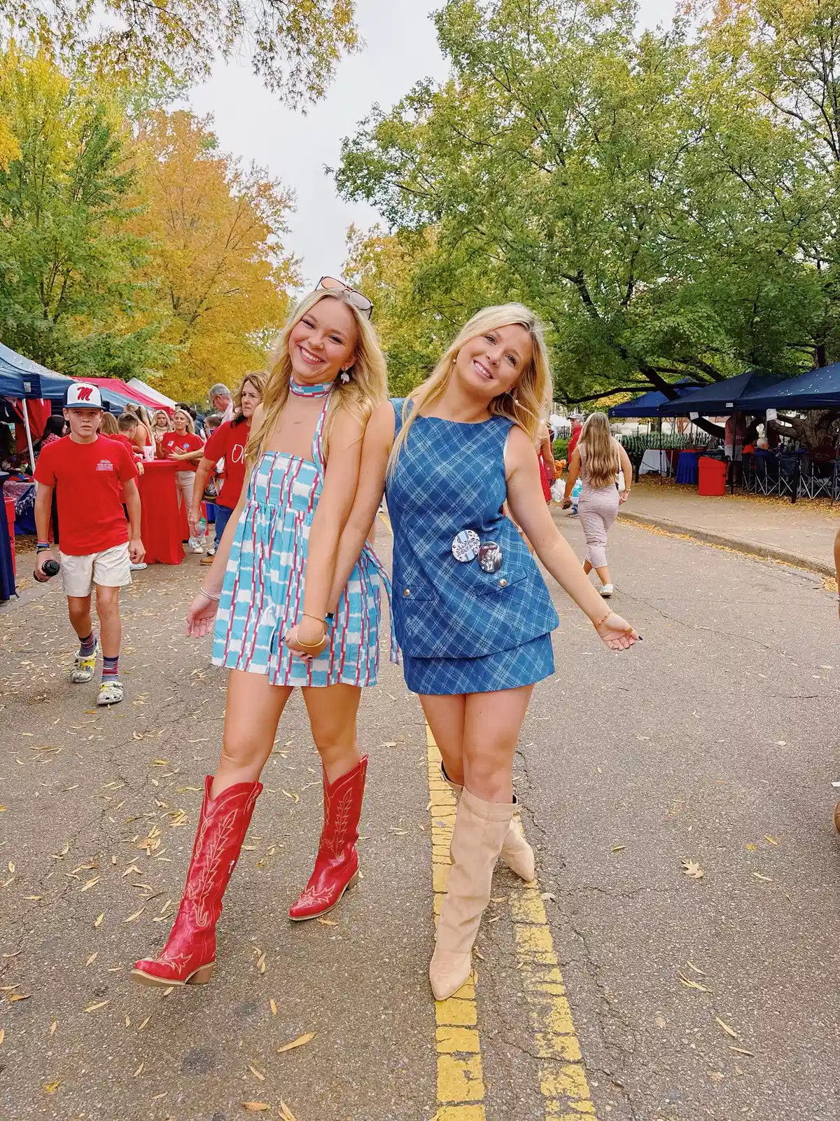 Sleeveless mini dresses with tall boots (red and beige)