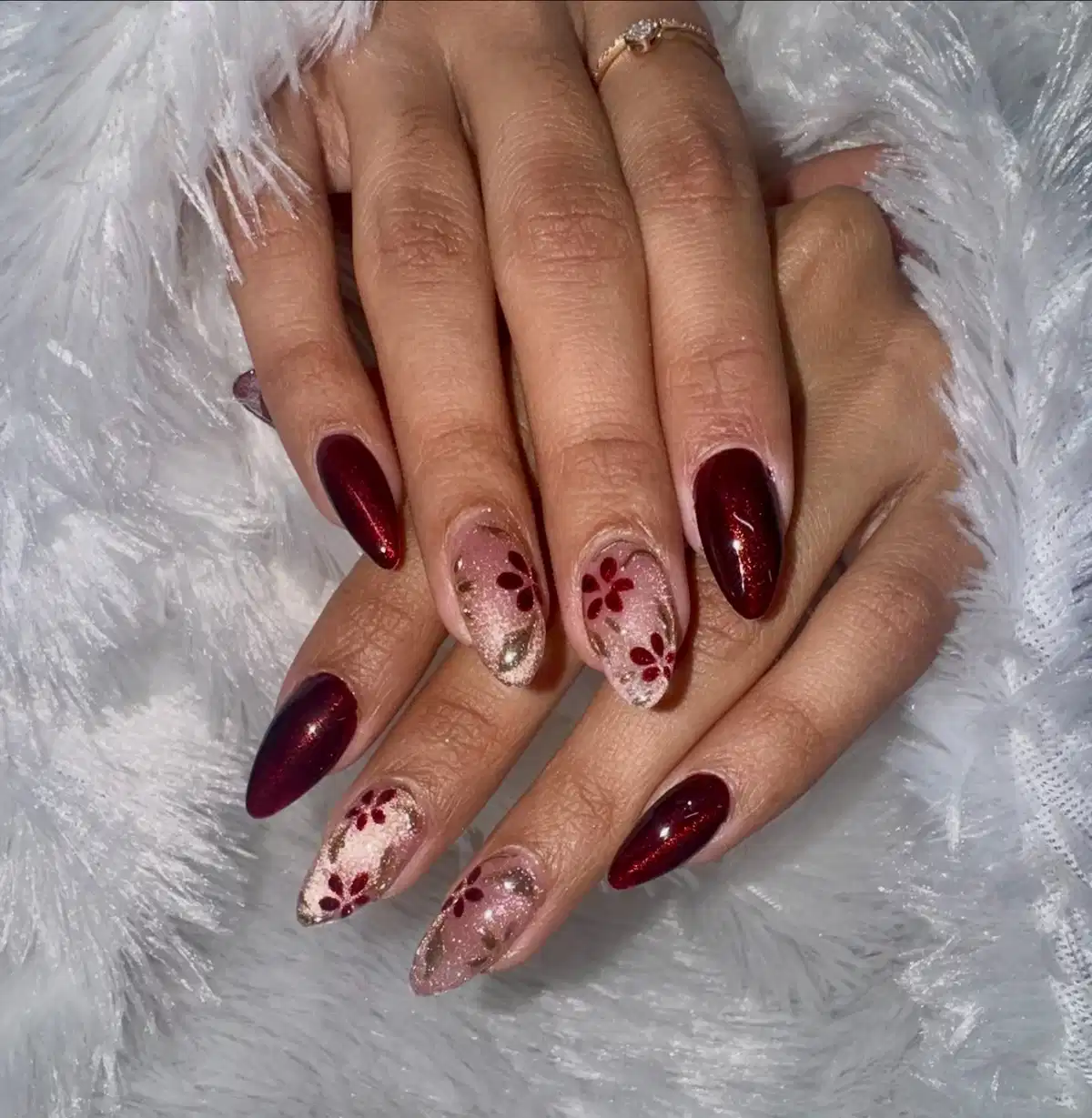 Maroon solids with glittery floral nude accents
