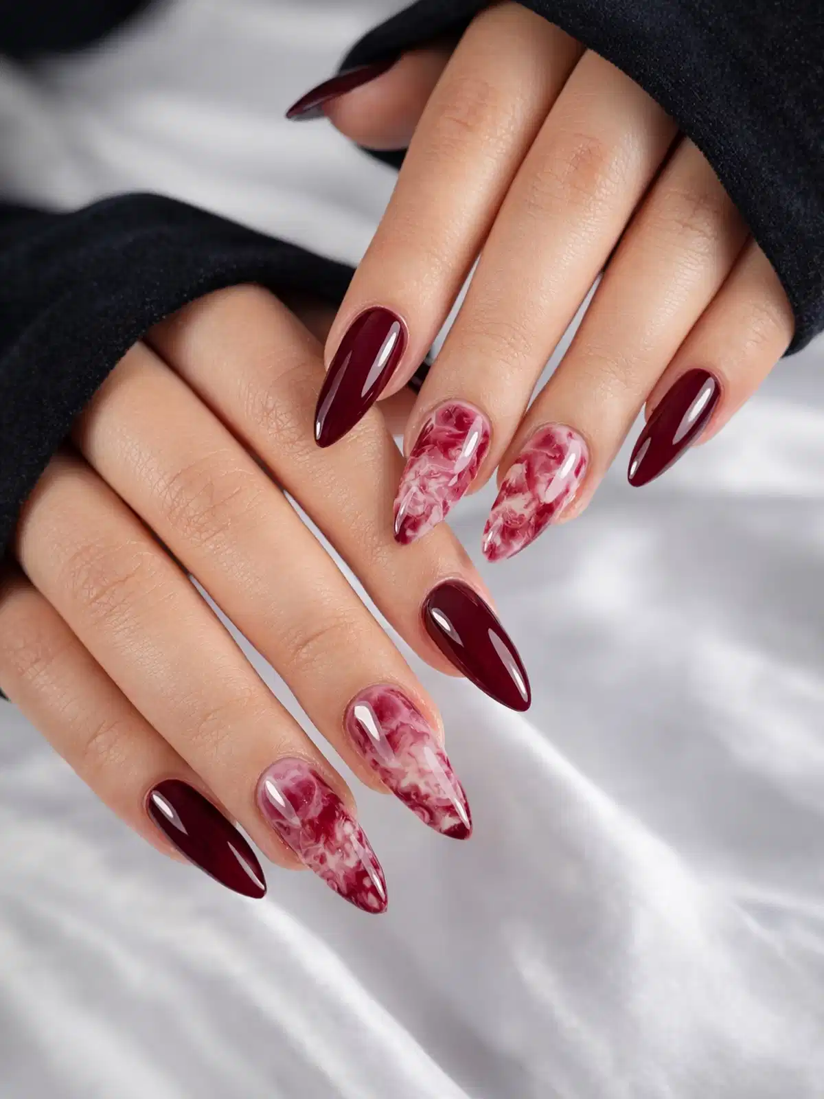 Maroon solids with pink-and-white marbled accents