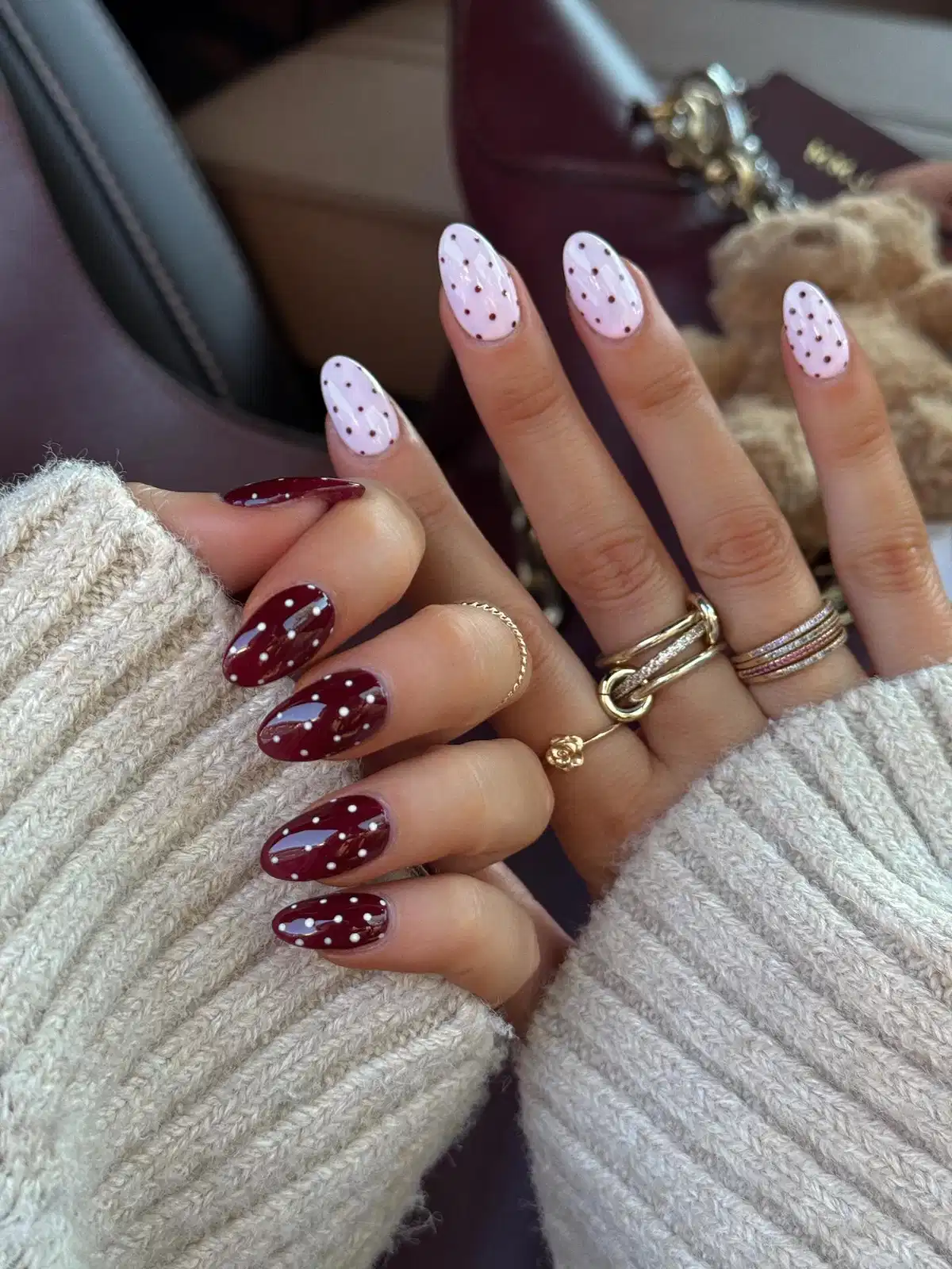 Maroon and pale pink polka-dot contrast set
