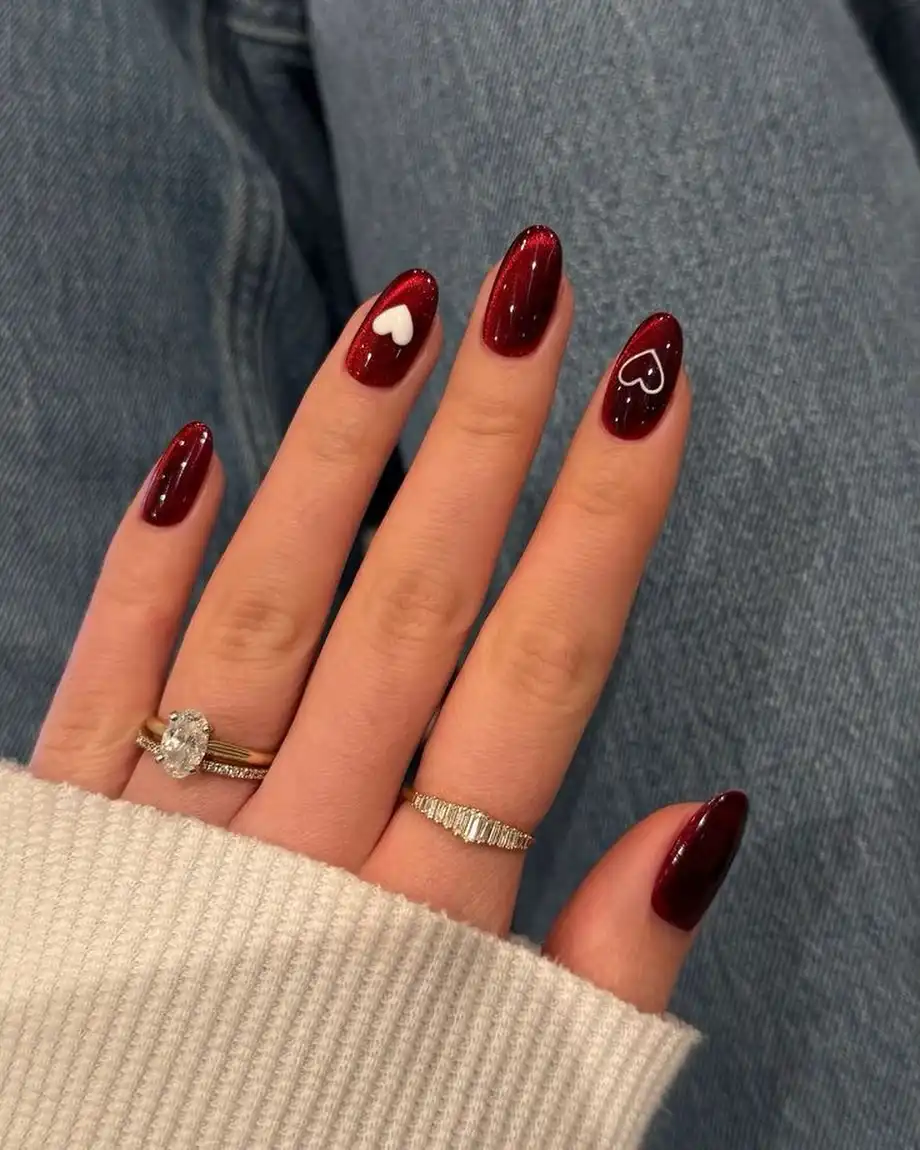 Deep maroon shimmer with minimal white heart accents