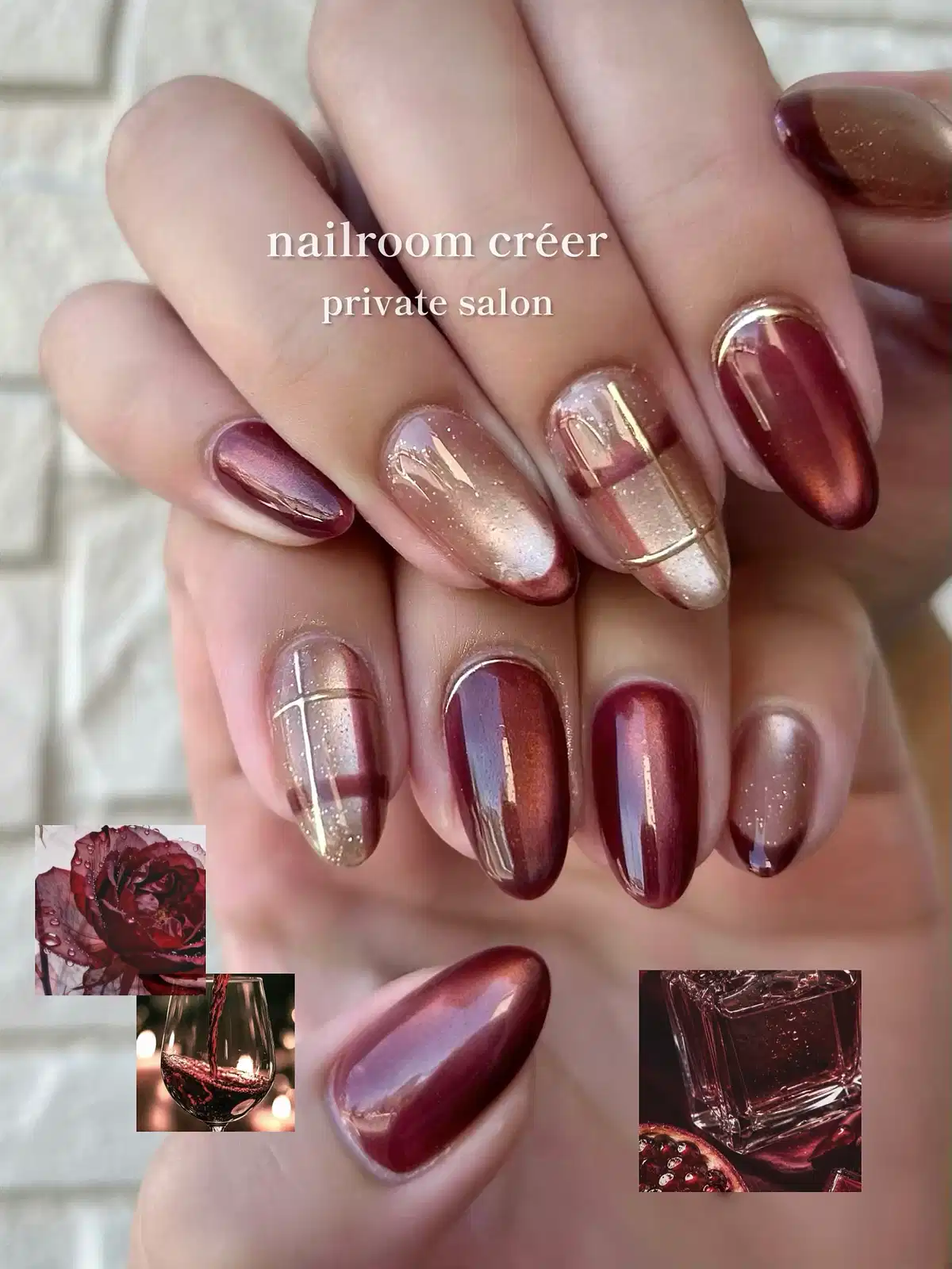 Burgundy and champagne almond nails with gold grid lines