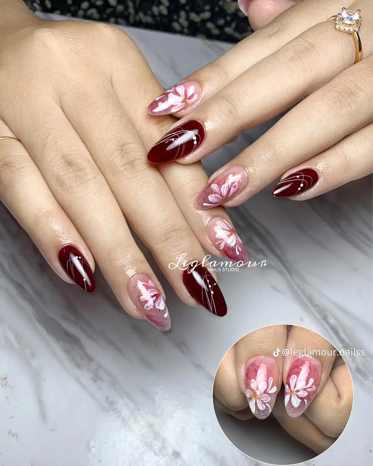 Maroon almonds with white linework and pink florals