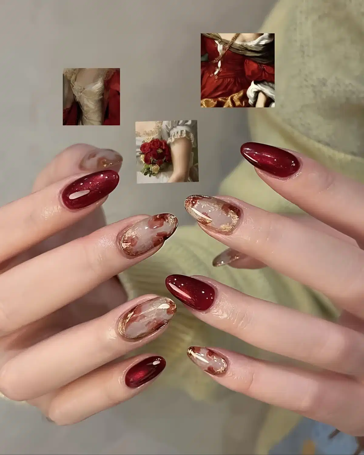 Deep maroon almonds with marbled beige accents