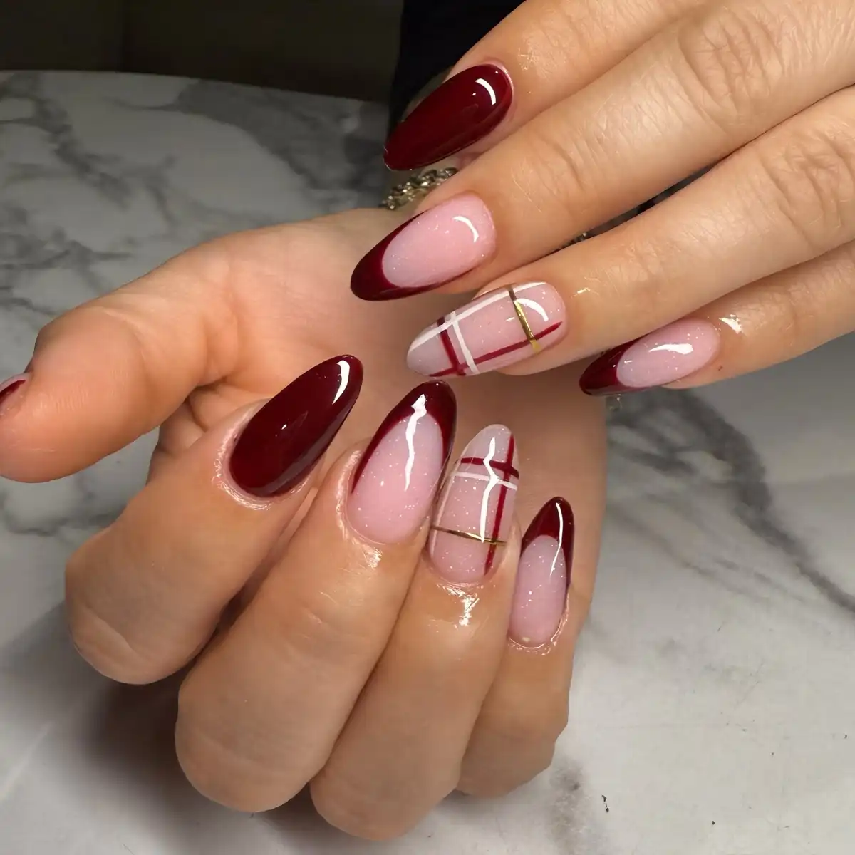 Maroon French Tips with Plaid Line Accents