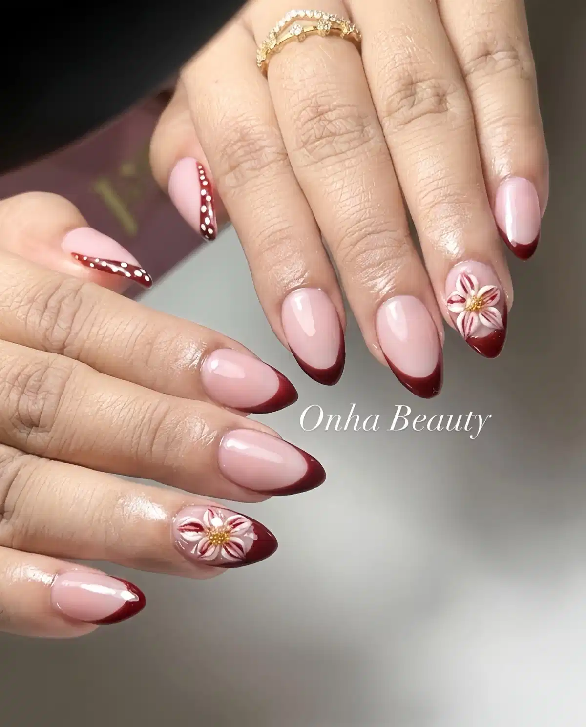 Maroon French Tips with 3D-Style Floral Accents