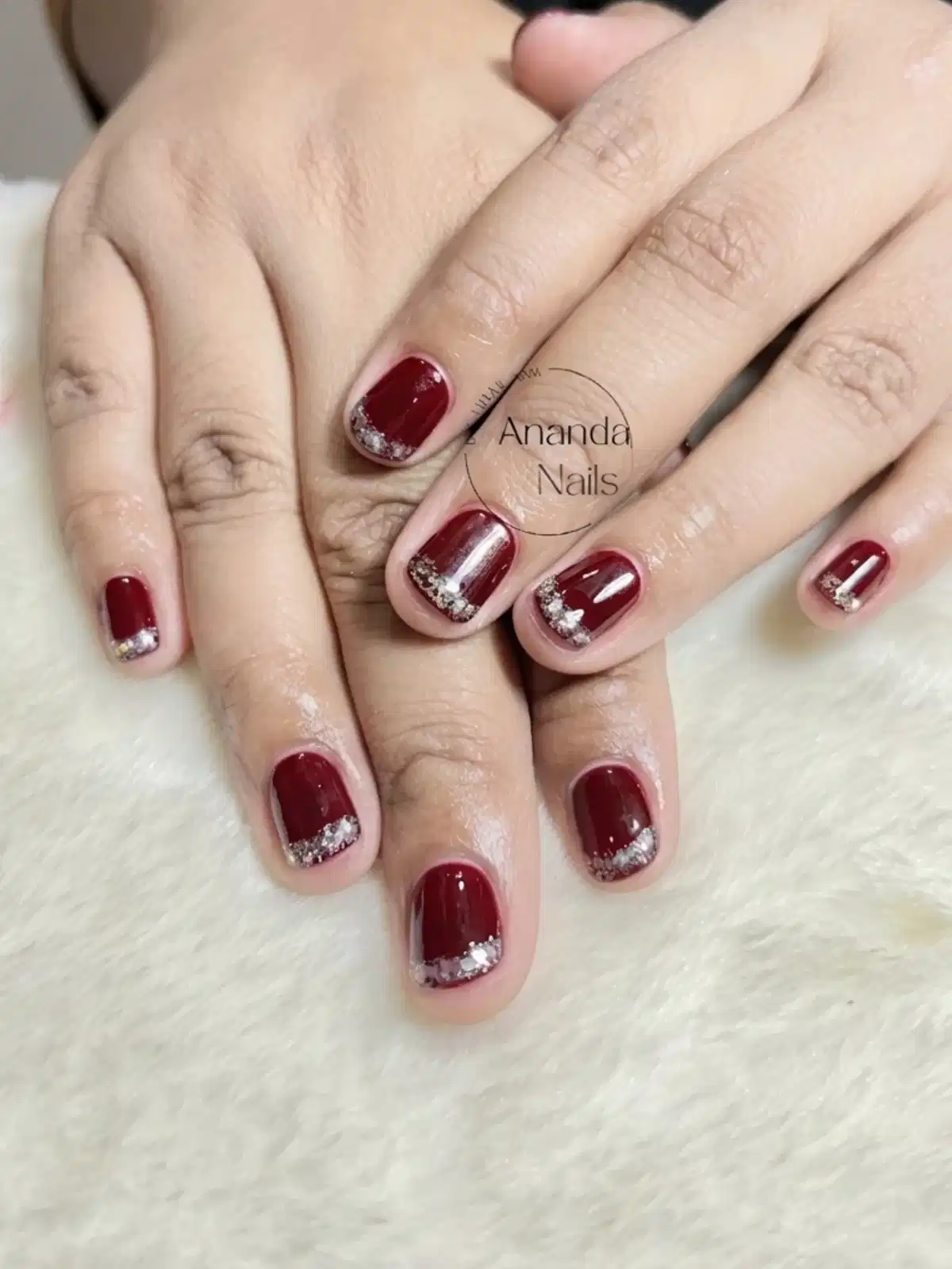 Short Maroon Nails with Silver Glitter French Tips