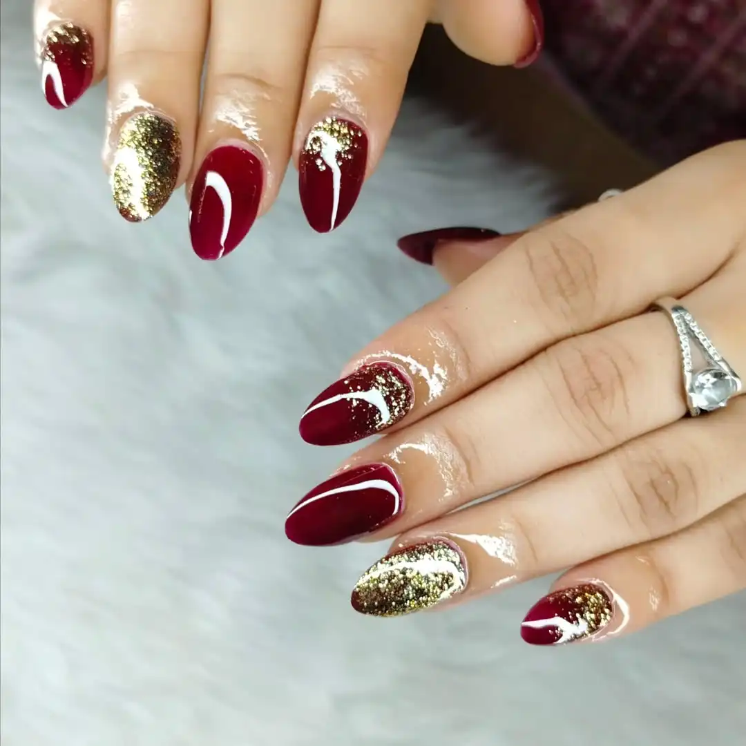 Long Maroon Almonds with Gold Glitter and White Curves