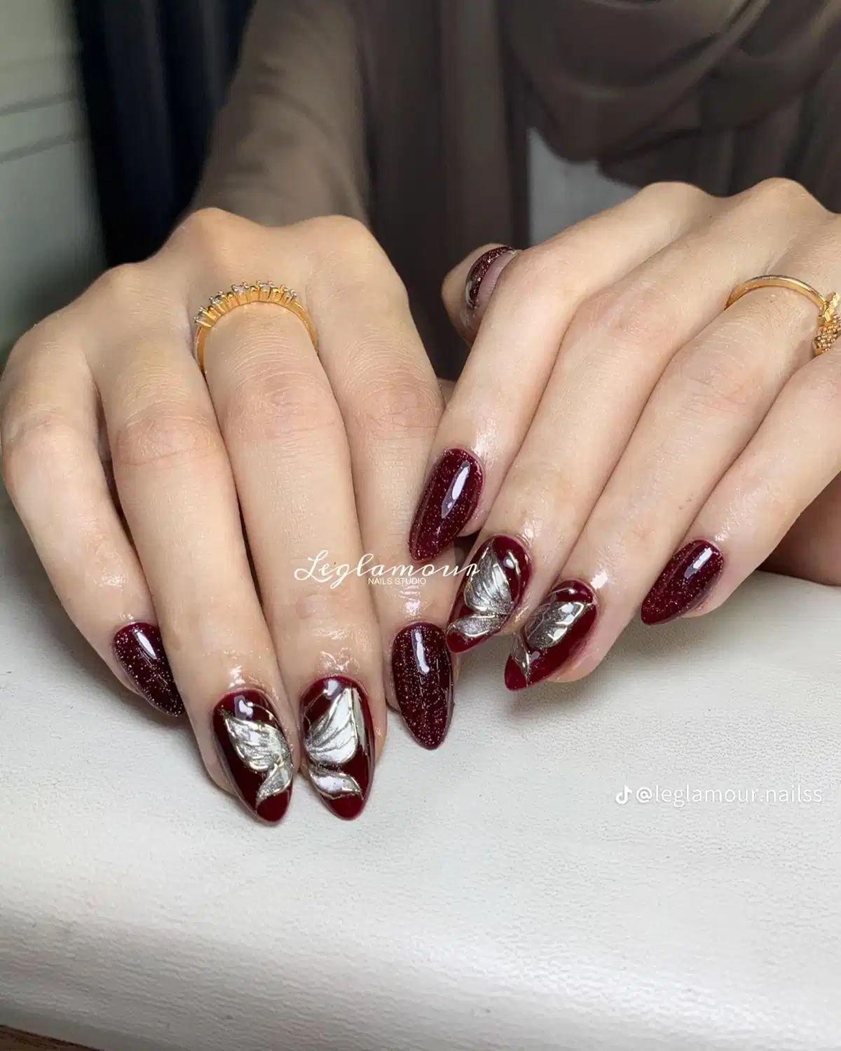Maroon Glitter Base with Silver Leaf Embellishments