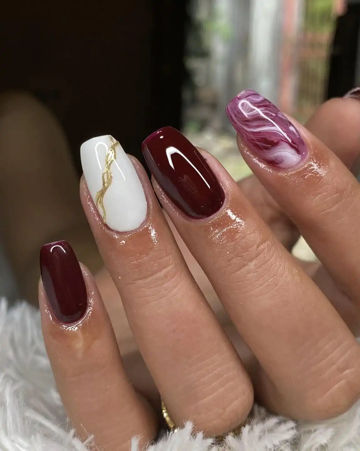 Burgundy with White-and-Gold and Pink Marble Accent