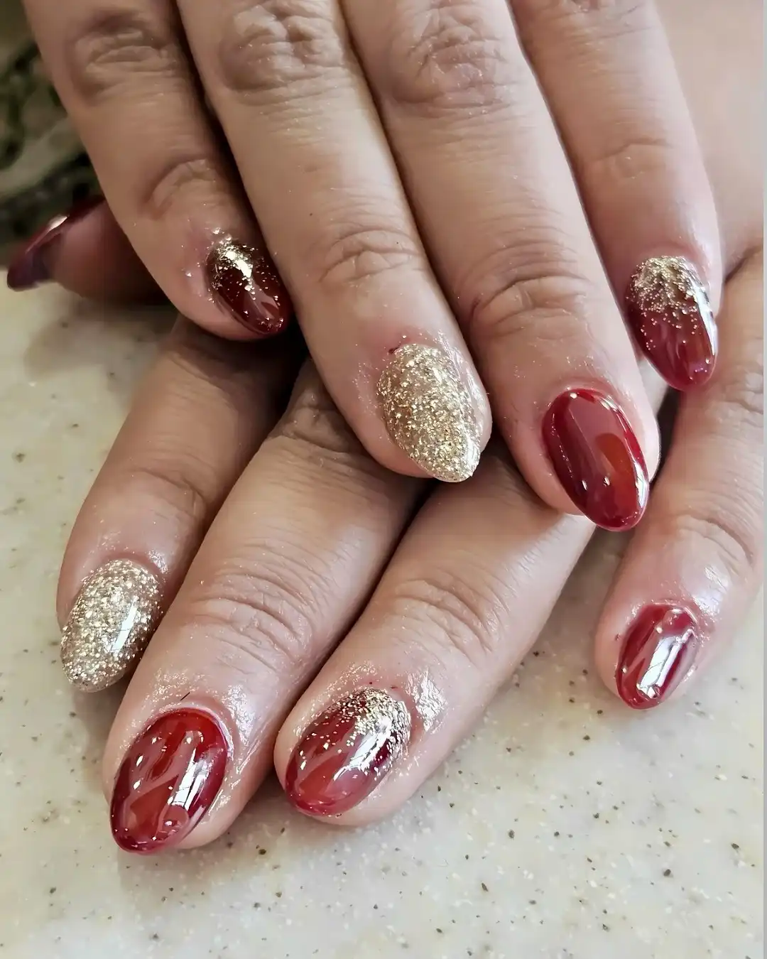 Maroon Gloss with Gold Glitter Cuticle Accents