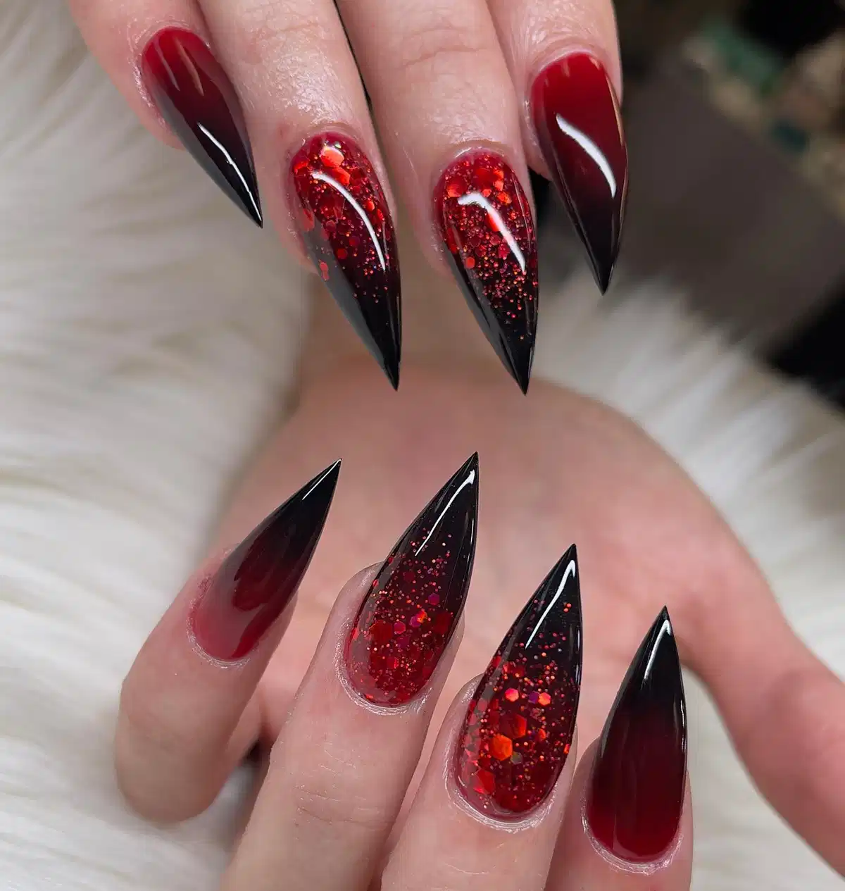 Maroon-to-Black Stiletto Ombre with Red Glitter