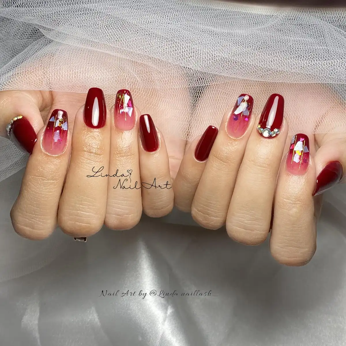 Maroon solids with pink gradient foil accents and rhinestone detail