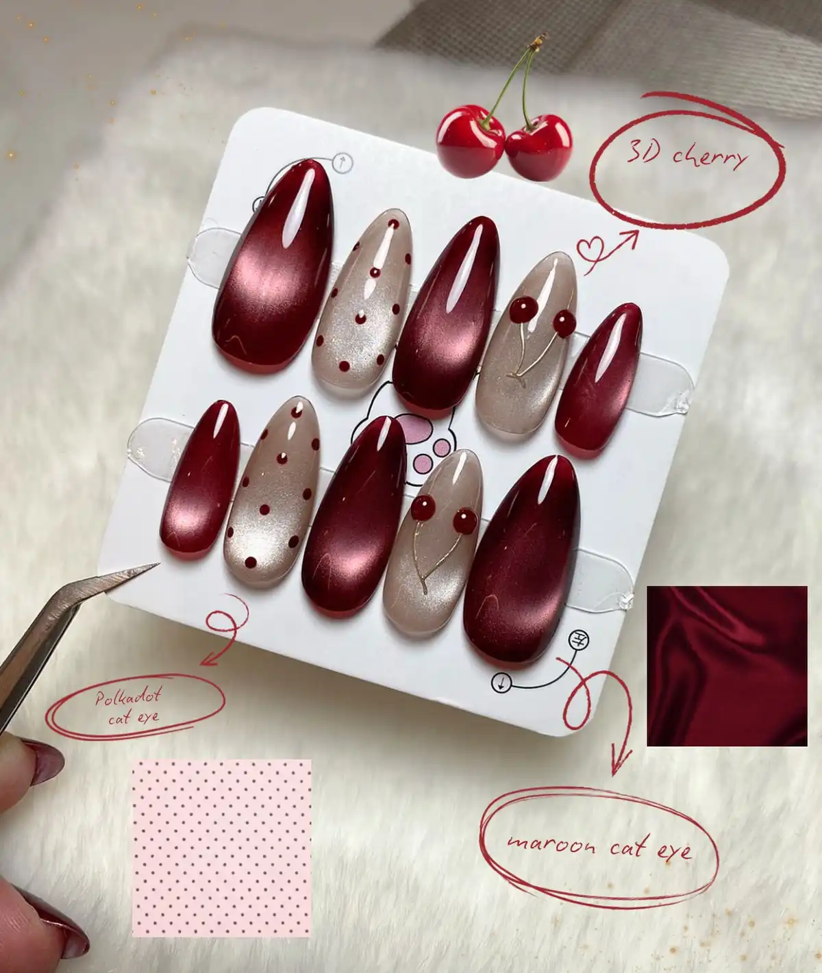 Maroon and beige set with polka dots and cherry design (text-labeled)