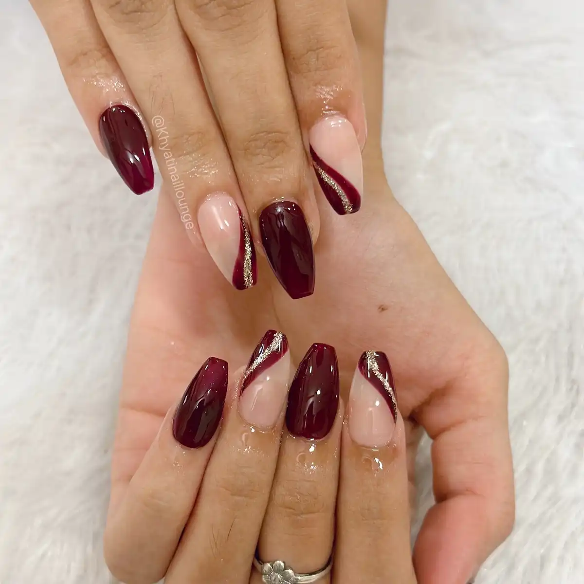 Coffin maroon and nude diagonals with thin gold-glitter lines