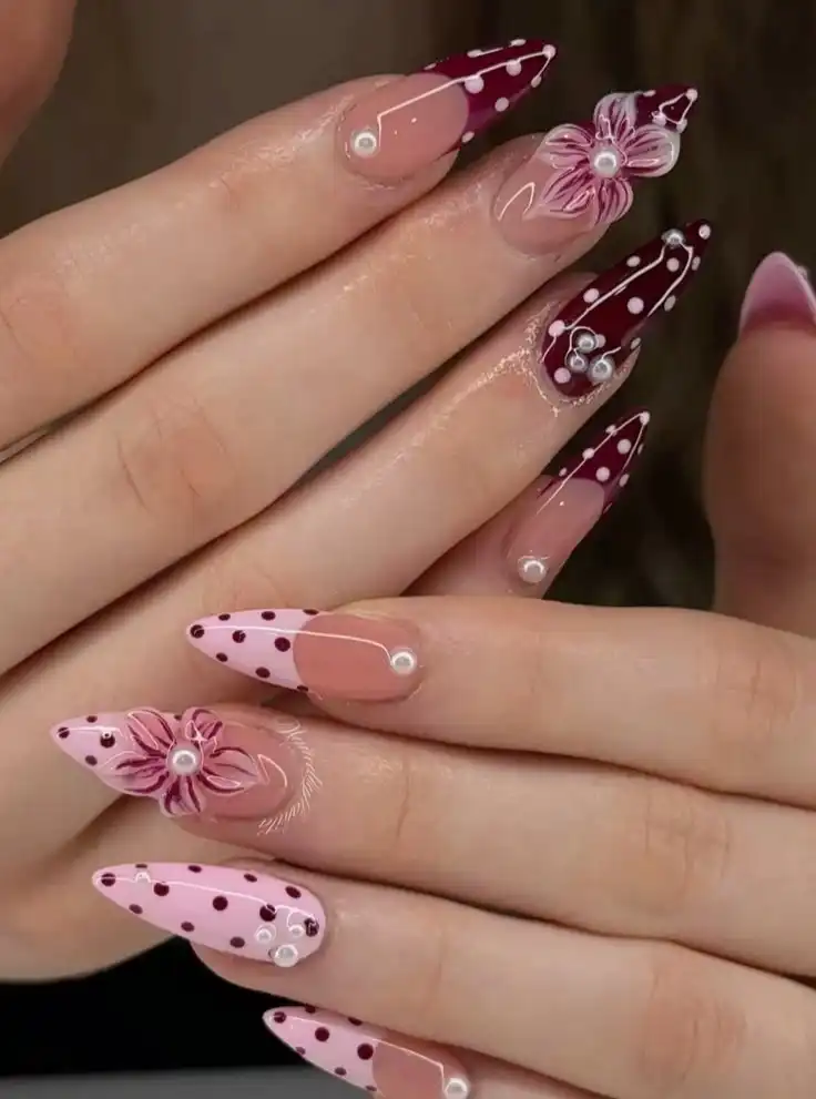 Stiletto maroon-and-pink polka dots with floral and pearl accents