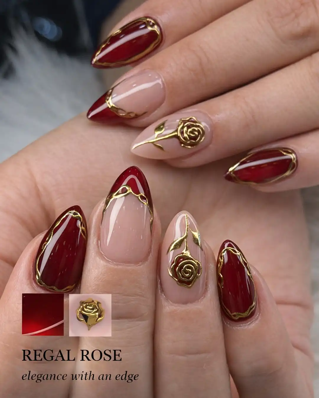 Maroon and nude with raised gold rose designs and framed edges