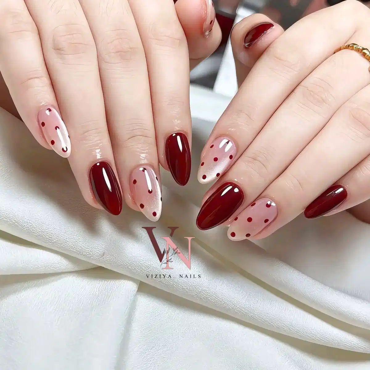 Maroon solids with nude-and-maroon polka dot accents