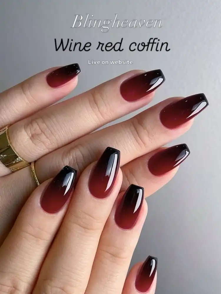 Wine-Red to Black Ombre Coffin Nails
