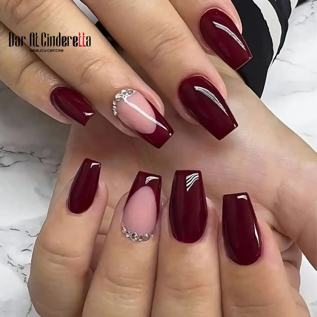 Deep Maroon Squares with Nude Accent and Rhinestones