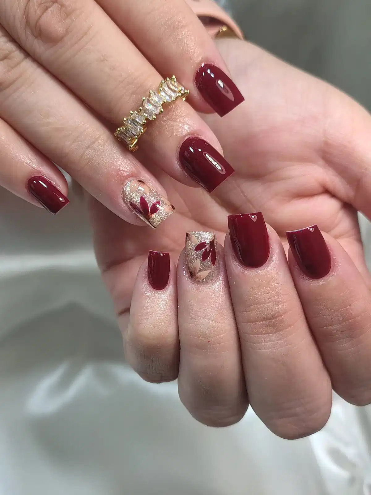 Short Maroon Squares with Gold Leaf Accents