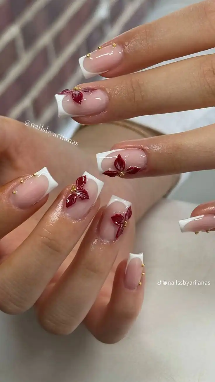 Nude French Tips with Maroon Floral Details
